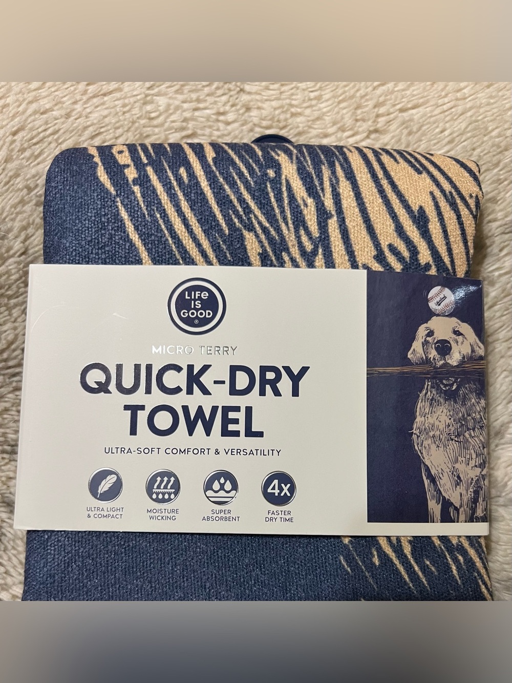 LIFE IS GOOD Quick Dry Towel 72.5 X 30 Baseball & Dog Labrador Retriever NIP